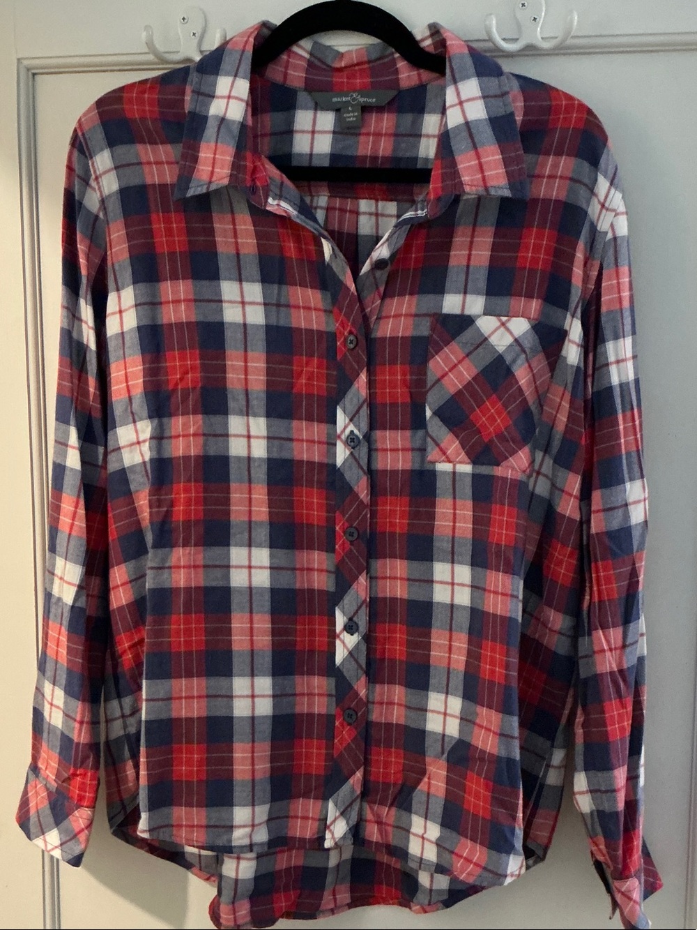 Market & Spruce Red Navy Plaid Button Down Shirt Size L